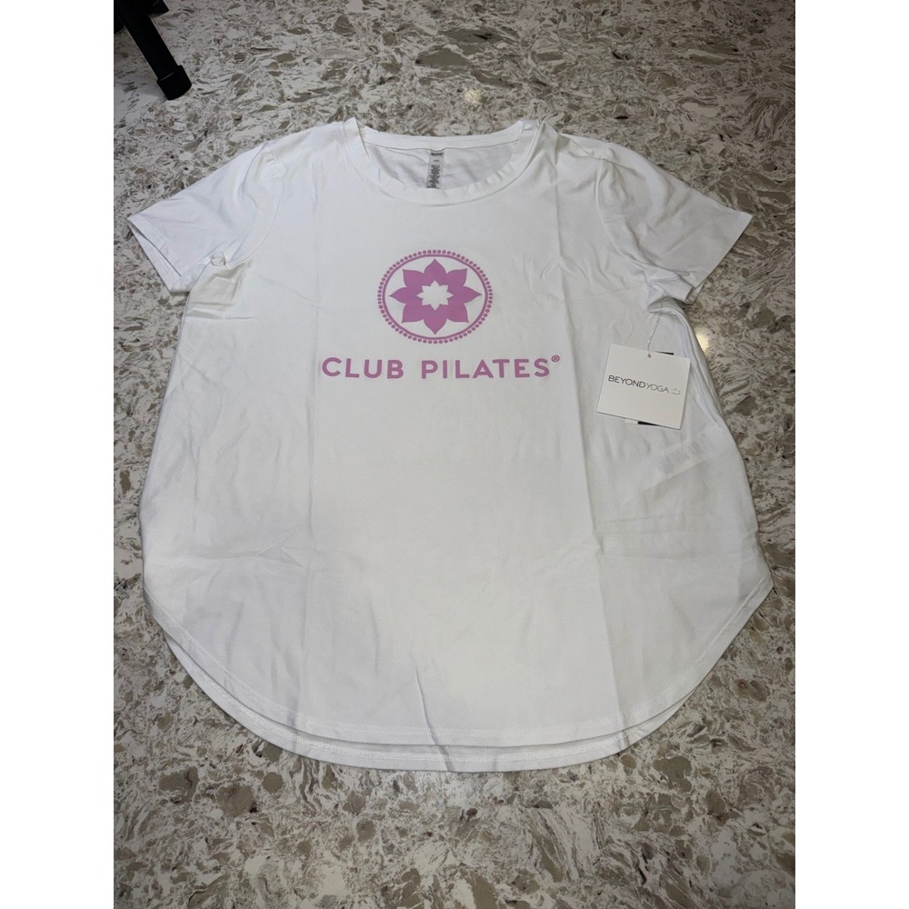 Beyond Yoga Club Pilates Graphic T-Shirt White Pink Lotus Logo Size L NWT